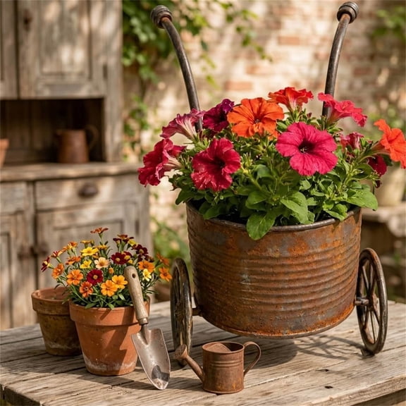 Rustic Metal Wheelbarrow Planter, Vintage Farmhouse Mini Wagon Flower Pot, Metal Plant Holder for Flower Herbs, Tabletop Indoor Porch Outdoor Garden Decor