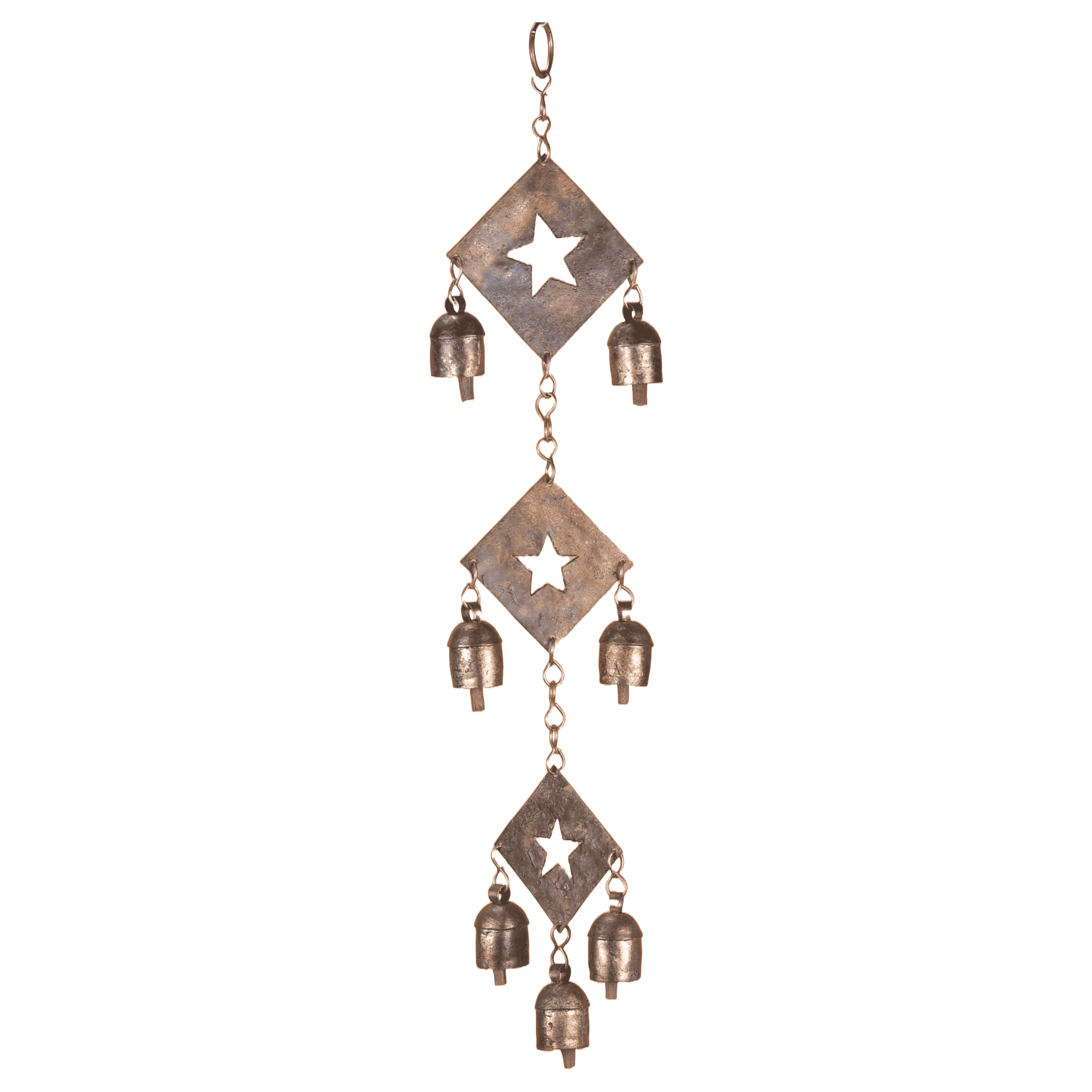 Vivanta Rustic Metal Wind Chime – Triple Diamond Star Cutouts with Bells – Bronze Outdoor Garden Decor – Wind Chimes for Outside, Porch, Yard, Balcony, Memorial or Garden Gift 19 x 4.5 Inch