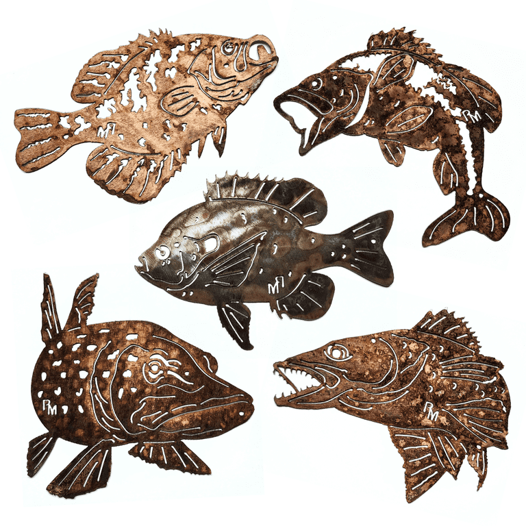 Rustic Metalz 5 Set of Fish - Crappie Bass Sunfish Pike Walleye Wall Art Metal Fishing Cabin Decor Fish Themed Decor for Fish House Wall Art Ice Fish