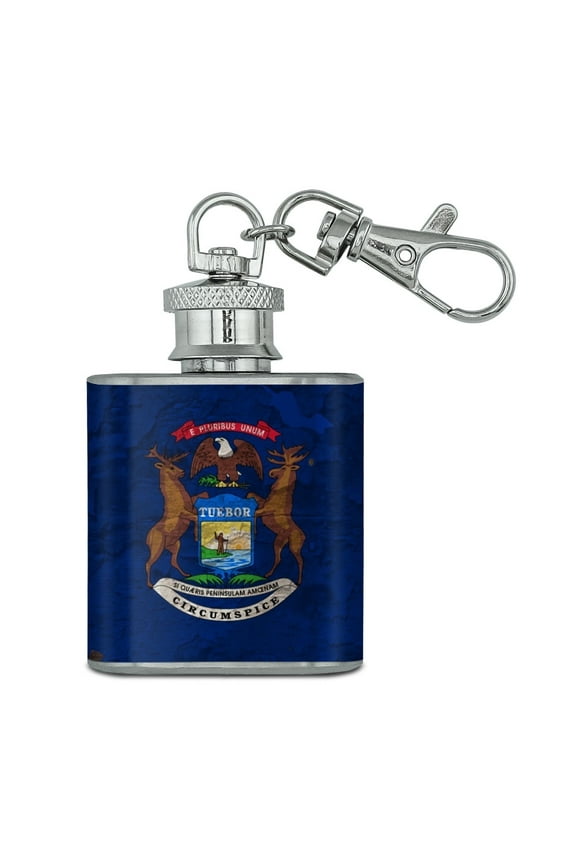 Rustic Michigan State Flag Distressed USA Stainless Steel 1oz Mini Flask Key Chain