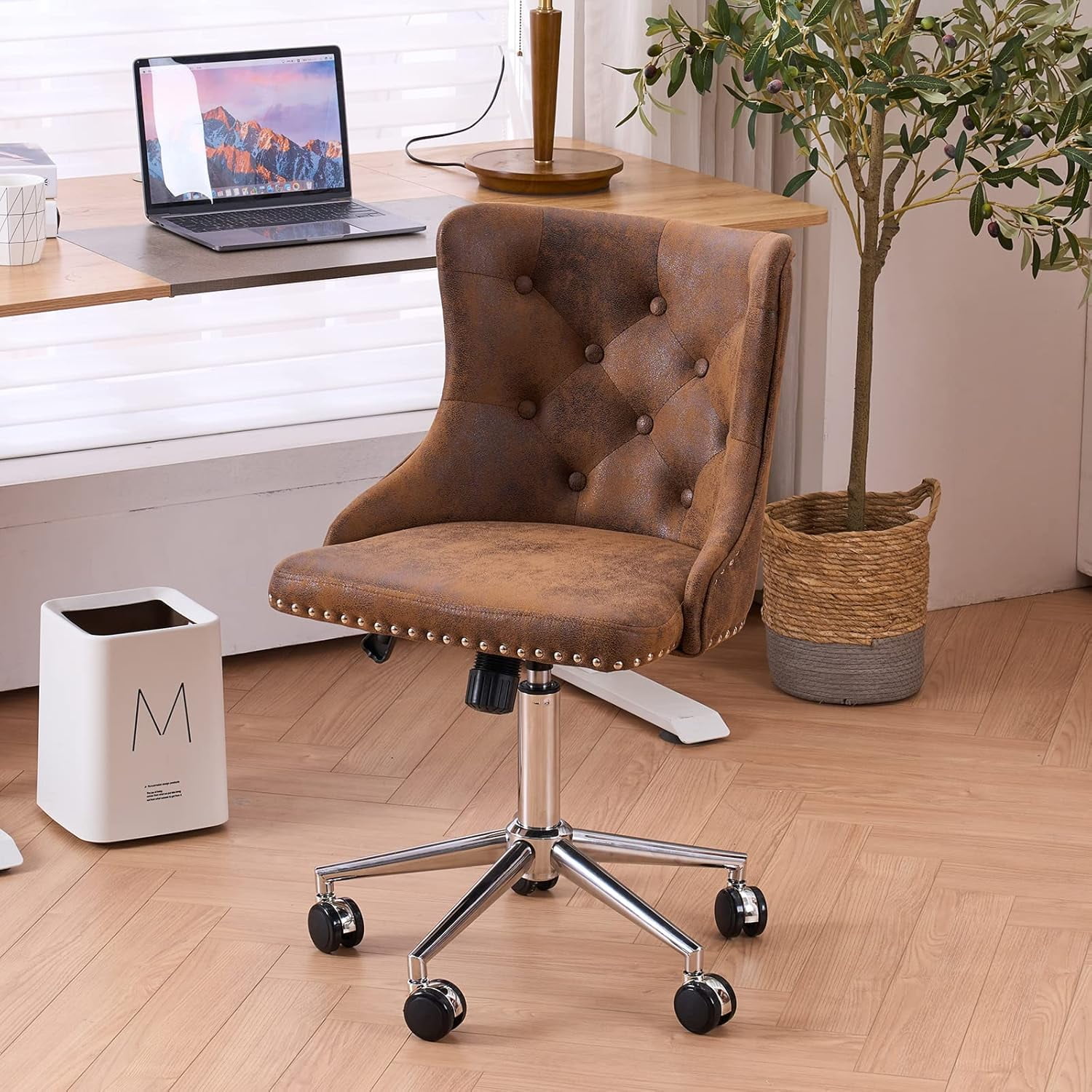 Rustic Microfiber Armless Home Office Desk Chair with Gold Base/Wheels ...