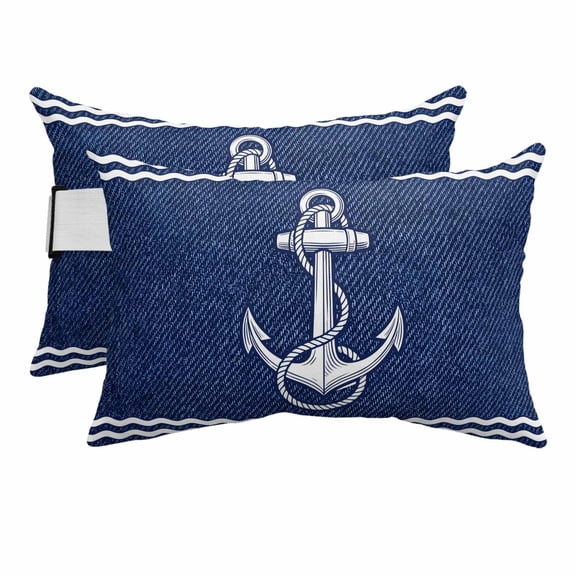 Rustic Midnight Blue Ship Anchor Outdoor Pillow for Chaise Lounge Chair,Nautical Ocean Waves Waterproof Headrest Lumbar Pillows with Insert&Elastic Strap for Patio Pool Garden Chairs Decor,2 Pack