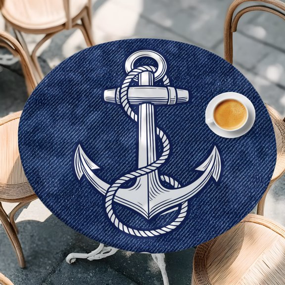 Rustic Midnight Blue Ship Anchor Round Fitted Tablecloth with Elastic Edge,Waterproof Table Cloth Fits Tables Up to 55"-60",Wipeable Table Cover for Indoor Outdoor Dinning Party,Nautical Ocean Waves