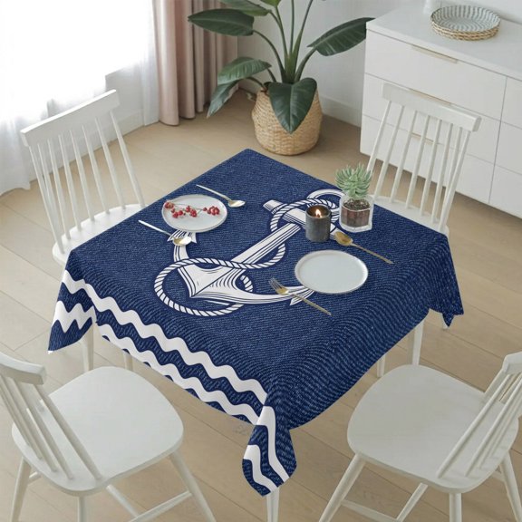 Rustic Midnight Blue Ship Anchor Table Cloth 54x54in, Waterproof Square Tablecloth Wipeable Tablecloths Nautical Ocean Waves Table Covers for Dining Tables Party Indoor Outdoor