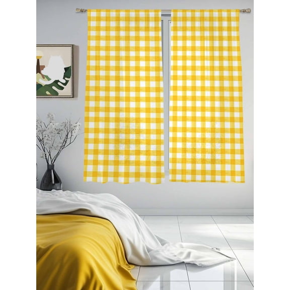 Rustic Minimalist Buffalo Plaid Sheer Curtains 2 Panels Set Farmhouse Yellow Gingham Lihgt Filtering Rod Pocket Voile Drape,Semi Sheer Window Curtains for Bedroom Living Room,52"x63"