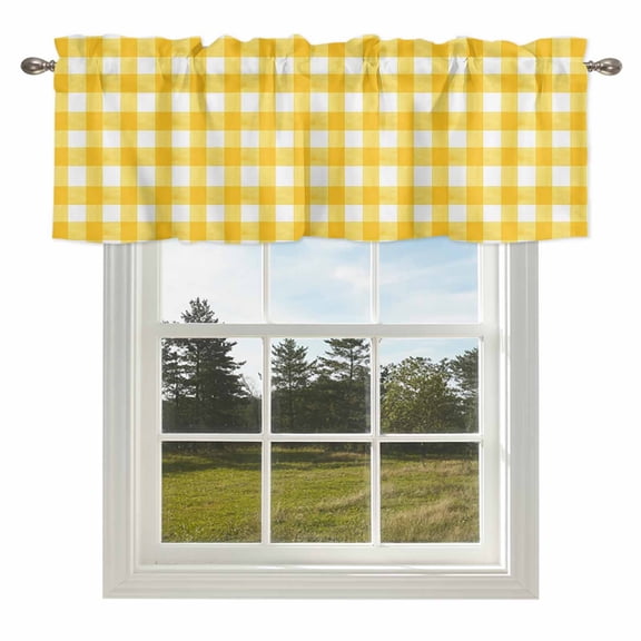 Rustic Minimalist Buffalo Plaid Valances for Windows Farmhouse Yellow Gingham Rod Pocket Curtain Valance Window Treatment Short Curtains for Kitchen Living Room,42x12in