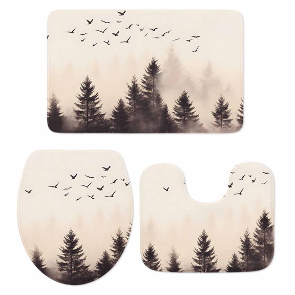 Rustic Mist Forest Bath Mat 3 Piece Bathroom Rug Set, Vintage Watercolor Natural Landscape Non Slip Bath Rug Contour Mat and Toilet Lid Cover, Absorbent Shower Mats Soft Bath Rugs and Mats Sets