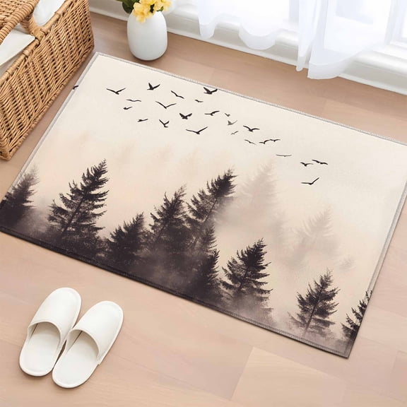 Rustic Mist Forest Bathroom Mats 2x3 FT,Non Slip Small Kitchen Mat,Vintage Watercolor Natural Landscape Washable Soft Backed Front Door Throw Rugs Indoor Outdoor Doormats for Entryway Sink