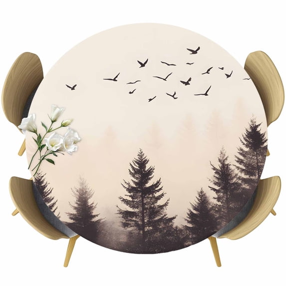Rustic Mist Forest Round Tablecloth 55-60 Inch Round Fitted Table Cloth with Elastic Edge, Vintage Watercolor Natural Landscape Waterproof Table Cover Protector for Outdoor Picnic Party Dining