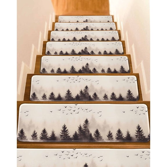 Rustic Mist Forest Stair Treads for Wooden Steps Indoor Runner Rug Carpet, Vintage Watercolor Natural Landscape 15 Pieces Peel and Stick Staircase Step Treads Covers Washable Throw Door Mats, 30"x8"
