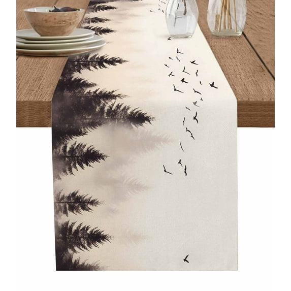 Rustic Mist Forest Table Runner Cotton Linen 60 Inch Holiday Dresser Scarves, Vintage Watercolor Natural Landscape Tablerunner for Kitchen Coffee Dining Bedroom Dinner Scarf Décor 13''x60''