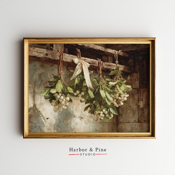 Rustic Mistletoe Printable Wall Art - Cozy Holiday Still Life, Vintage Farmhouse Decor, Earthy Christmas Print, Easy Digital Download 1511, Stretched Canvas Size 12x18