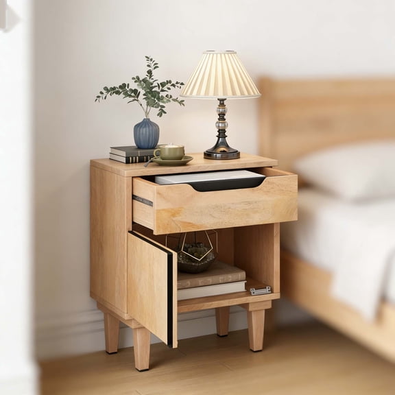 Rustic Modern Bedroom End Tables | Natural Wood Nightstand with Drawer & Enclosed Cabinet | All-in-One Side Table with Drawer for Bedroom, Living Room, or Entryway