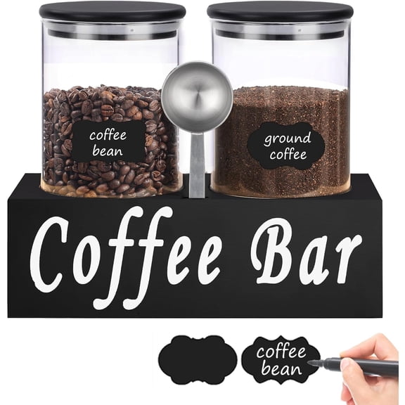 Rustic Modern Black 2PCS Small 44oz Coffee Storage Jars with Shelf, 2Pcs 1.295L Airtight Glass Coffee Containers, Coffee Canisters, Food Storage Jars