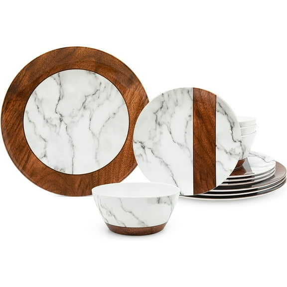 Rustic Modern Melamine Dinnerware Sets, Marble 12-Piece Lightweight Outdoor Plates and Bowls Sets, Unbreakable Wood Patterns Dishes Dinnerware Set, Service for 4