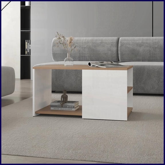 Rustic Modern White & Natural Oak Coffee Table with Open Storage & Conical Legs - Space-Saving Living Room