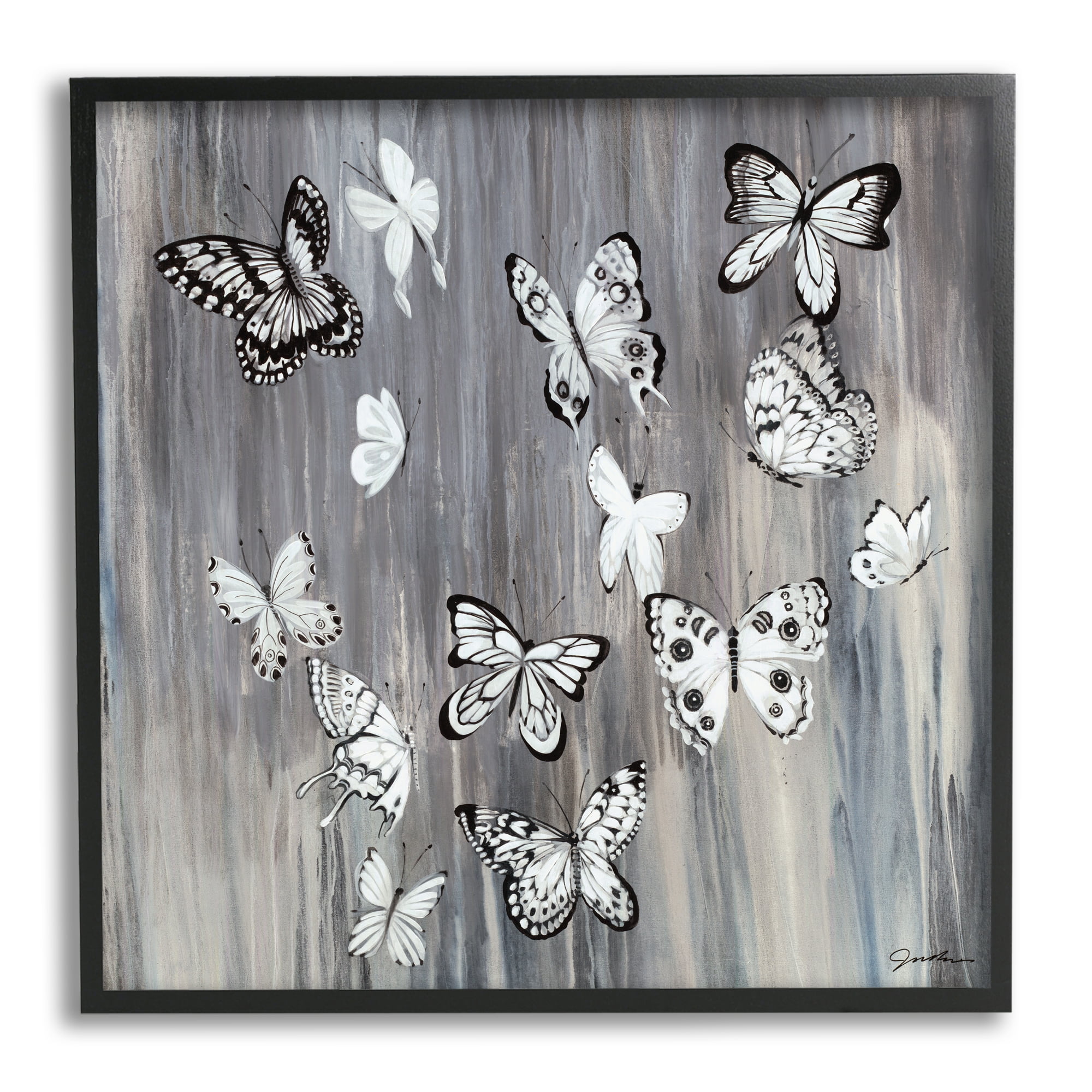 Rustic Monochromatic Patterned Butterflies Flying Insects Animals & Insects Framed Art Print Wall Art, 17x17