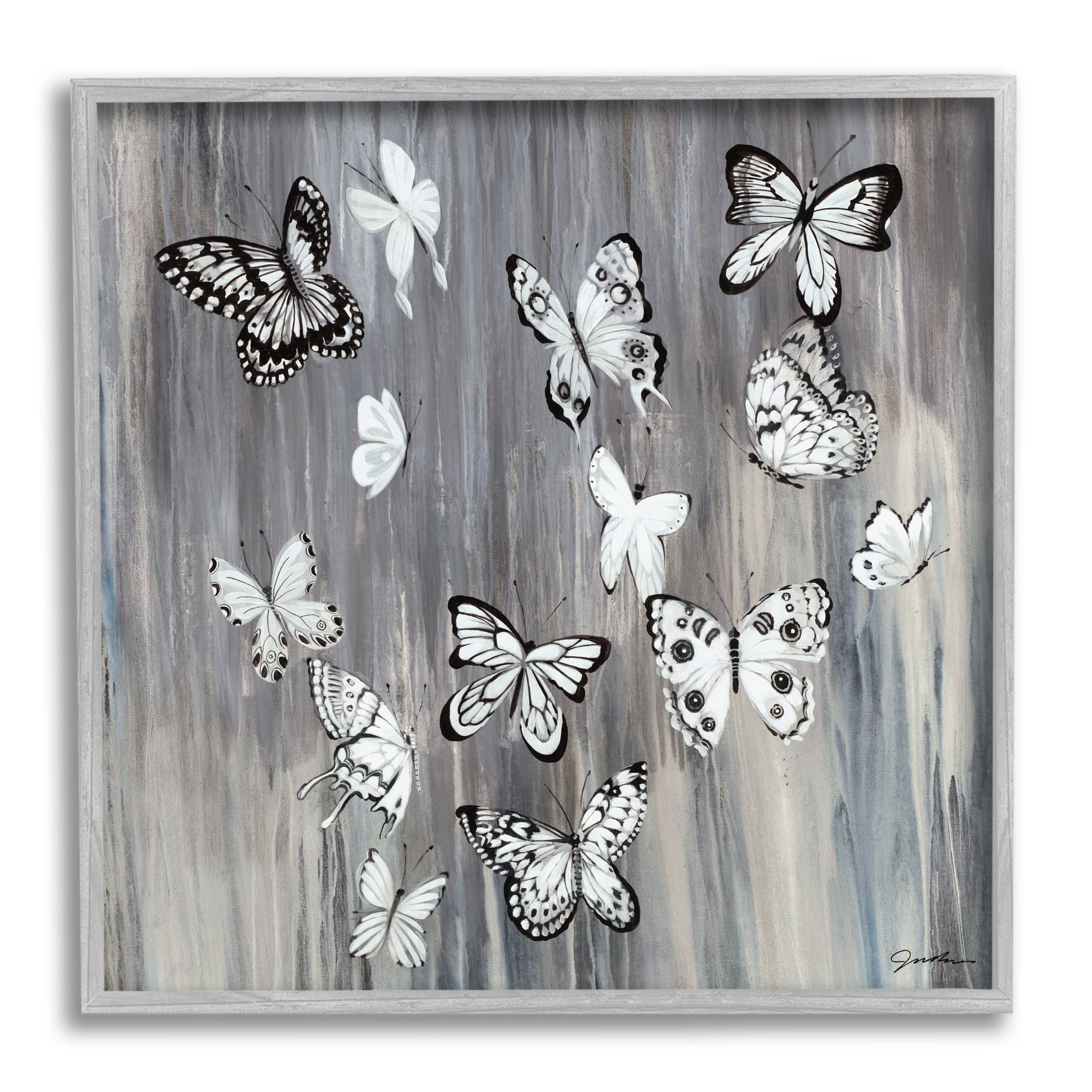 Rustic Monochromatic Patterned Butterflies Flying Insects Animals & Insects Framed Art Print Wall Art, 17x17