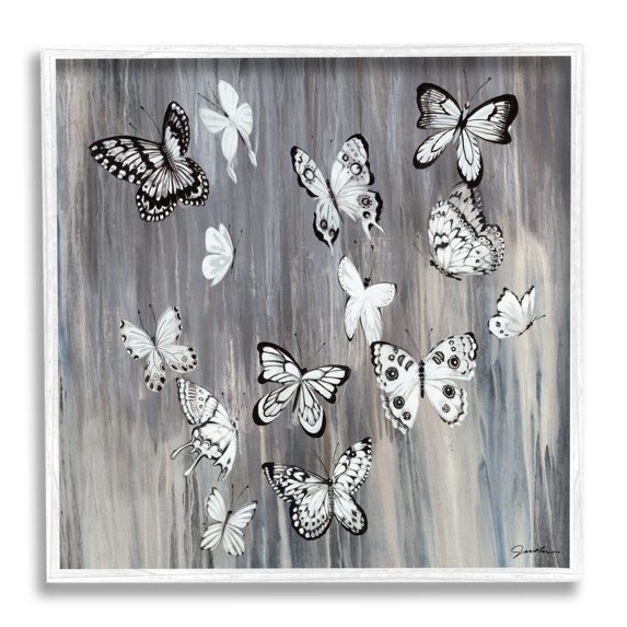 Rustic Monochromatic Patterned Butterflies Flying Insects Animals & Insects Framed Art Print Wall Art, 17x17