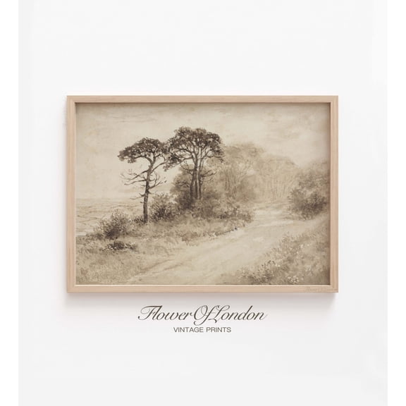 Rustic Moody Landscape Print Vintage Watercolour Beige Drawing Trees, Unframed Poster