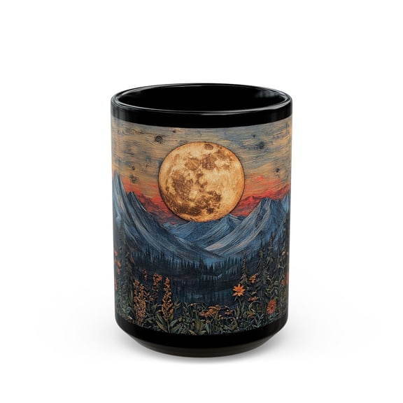 Rustic Moon Mountain Coffee Mug: Moody Forest, Celestial Art