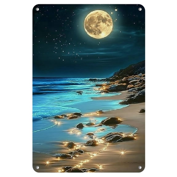 Rustic Moonlit Beach Metal Wall Art, Iron Sea Shore Decorative Sign, Coastal Nautical Home Decor for Living Room, Bedroom, Office, Kitchen, Farmhouse, Bar - Ideal Gift for Friends and Family