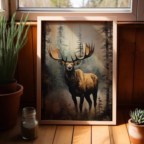 Rustic Moose And Pine Forest Woodland Animal In Wilderness Hunting For Lover, Unframed Poster