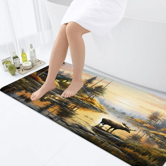 Rustic Moose Bathroom Rugs, Elk Moose Country Hunting Wild Animal Lodge Forest Non-Slip Bath Rugs Adventure Woodland Cabin Farmhouse Bathroom Rug Mat 17X48inch, Extra Soft and Absorbent Bath Rugs