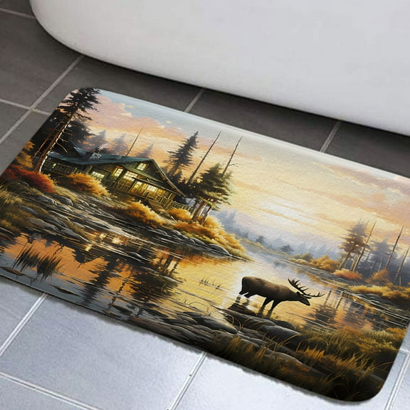 Rustic Moose Bathroom Rugs, Elk Moose Country Hunting Wild Animal Lodge Forest Non-Slip Bath Rugs Adventure Woodland Cabin Farmhouse Bathroom Rug Mat 17x29inch, Extra Soft and Absorbent Bath Rugs