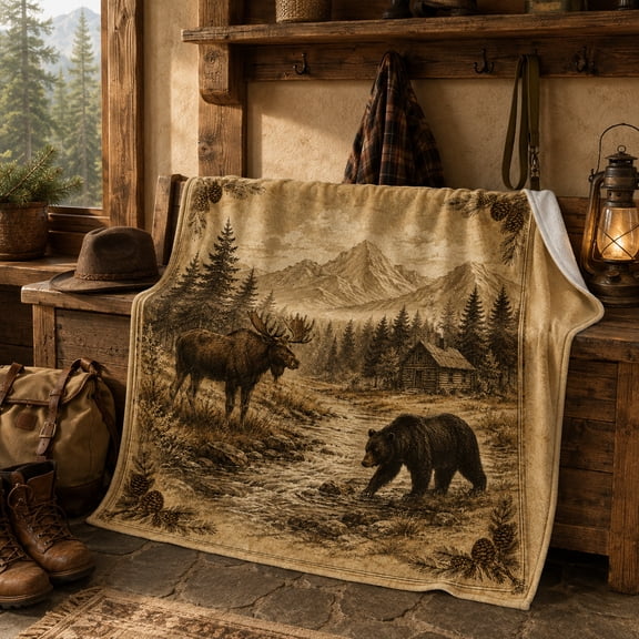 Rustic Moose and Bear Flannel Throw Blanket with Cabin, Mountain Creek and Pinecone Border, Sepia Lodge Wildlife Scene for Couch Bed Accents, 50 x 60 in