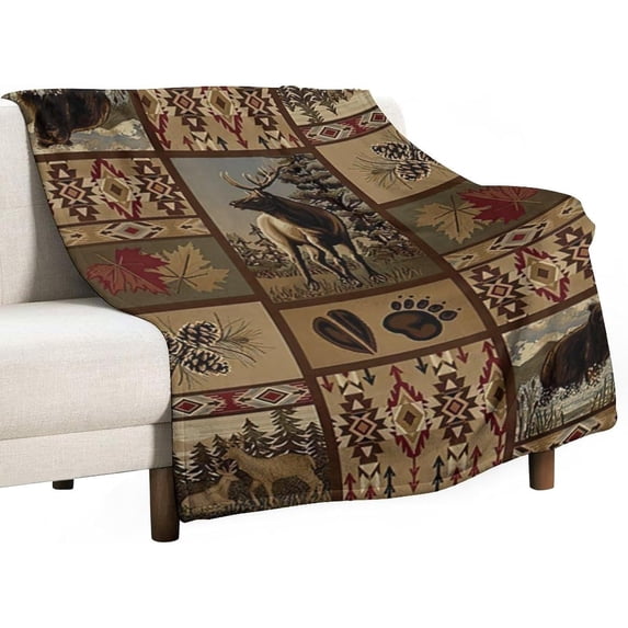 Rustic Moose Deer Bear Flannel Blankets, Retro Vintage Bear Cottage Country Style Cabin Farmhouse Pinecone Throw Bed Blanket for Sofa Chair Bed 40"x50"