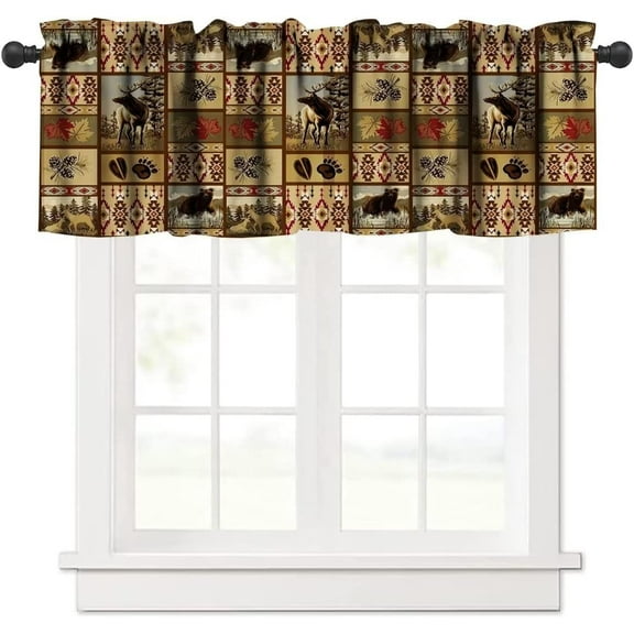 Rustic Moose Deer Bear Valance, Retro Rustic Vintage Bear Cottage Country Style Rustic Cabin Farmhouse Pinecone Windows Curtain Valance for Kitchen Bedroom Living Room , One Panel 54x18in