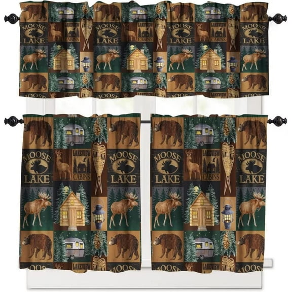 Rustic Moose Deer Curtain Set, Retro Rustic Vintage Bear Cottage Country Style Rustic Cabin Mountain Farmhouse Window Valances and Tier Set for Kitchen Living Room Café Décor