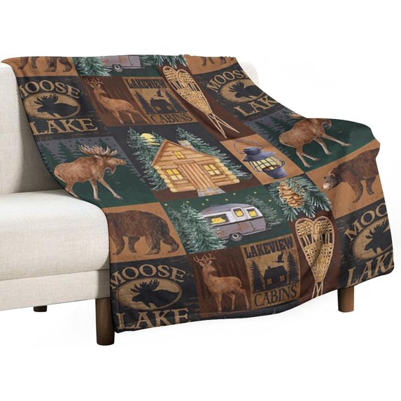 Rustic Moose Deer Flannel Blankets, Retro Vintage Bear Cottage Country Style Cabin Mountain Farmhouse Throw Bed Blanket for Sofa Chair Bed 50"x60"