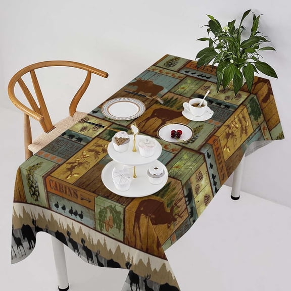 Rustic Moose Deer Tablecloth Retro Rustic Ear Cottage Country Rustic Cabin Farmhouse Style Table Cover, Water Resistant Wipeable Tablecloths for Kitchen Dinning Decor 60"X120"Inch