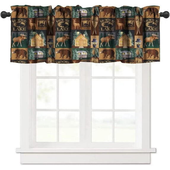 Rustic Moose Deer Valance, Retro Rustic Vintage Bear Cottage Country Style Rustic Cabin Mountain Farmhouse Windows Curtain Valance for Study Bedroom Living Room , One Panel 54x18in