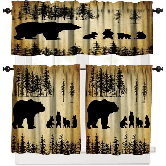 Rustic Moose Deer Valance and Tier Set, Retro Vintage Cottage Lodge Cabin Elk Small Window Tier Curtain, Valance Window Treatment Decor for Kitchen Bedroom Cafe 54x36 Inch, 3 Panel