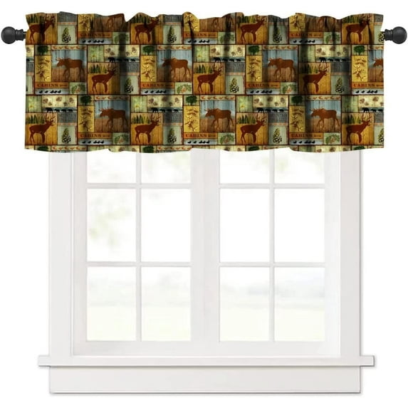 Rustic Moose Deer Valance, Vintage Bear Cottage Country Style Rustic Cabin Mountain Farmhouse Windows Curtain Valance for Study Bedroom Living Room, One Panel 54x18in