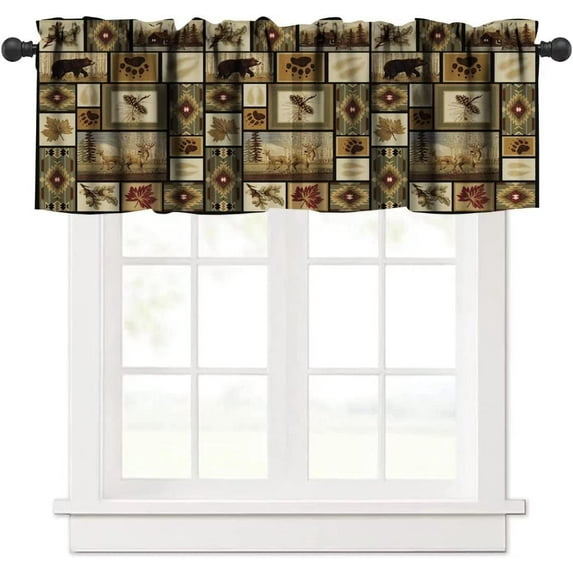 Window Valance Curtain, Vintage Cottage Country Style Pine Tree Elk Rustic Moose Deer Bear Windows Valance for Kitchen Bedroom Living Room, One Panel 54x18in