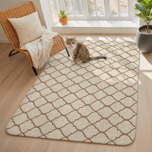 Rustic Moroccan Area Rugs for Living Room 5x6, Geometric Quatrefoil Khaki Lattice Washable Area Rug with Non Slip Backing, Stain Resist Linen Carpet for Bedroom, Dining Room, Entryway, Entrance