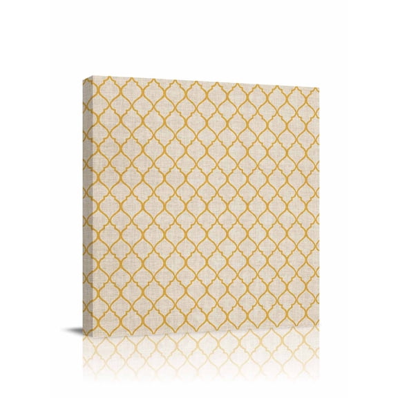 Rustic Moroccan Canvas Wall Art, Geometric Quatrefoil Yellow Lattice Framed Wall Decor Modern Artwork Prints Painting for Living Room, Bedroom, Kitchen & Cafe Decor 16x16 Inch