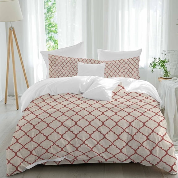 Rustic Moroccan Duvet Cover Set Twin Size Geometric Quatrefoil Red Lattice Soft Lightweight Comforter Covers 4 Piece Bedding Set with 1 Duvet Cover 1 Bed Sheet & 2 Pillow Shams
