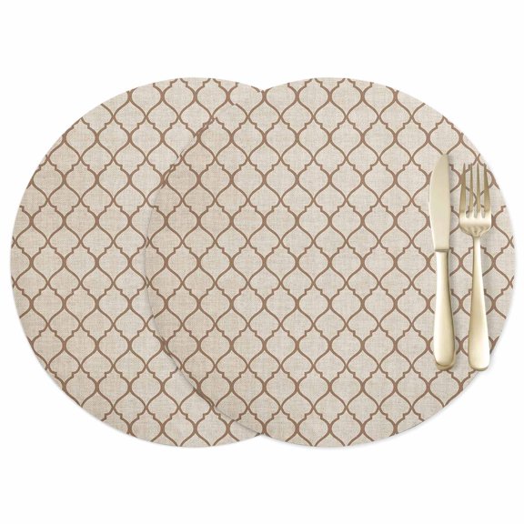 Rustic Moroccan Leather Placemats Set of 2, 12 Inch, Geometric Quatrefoil Khaki Lattice Waterproof Oil-Proof Place Mats, Non-Slip Table Mats for Kitchen, Dining Room, Indoor Outdoor