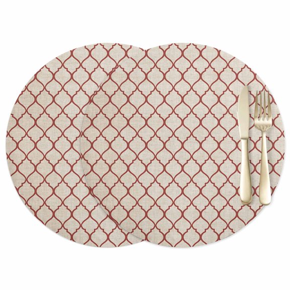Rustic Moroccan Leather Placemats Set of 2, 12 Inch, Geometric Quatrefoil Red Lattice Waterproof Oil-Proof Place Mats, Non-Slip Table Mats for Kitchen, Dining Room, Indoor Outdoor