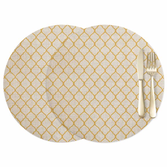 Rustic Moroccan Leather Placemats Set of 2, 12 Inch, Geometric Quatrefoil Yellow Lattice Waterproof Oil-Proof Place Mats, Non-Slip Table Mats for Kitchen, Dining Room, Indoor Outdoor