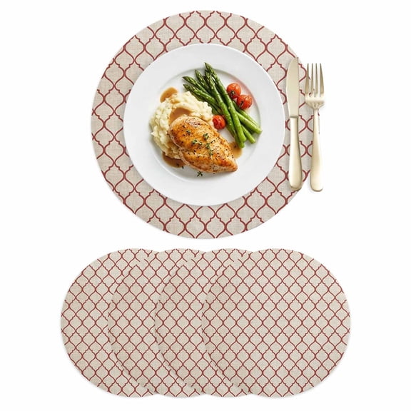 Rustic Moroccan Leather Placemats Set of 4, 12 Inch, Geometric Quatrefoil Red Lattice Waterproof Oil-Proof Place Mats, Non-Slip Table Mats for Kitchen, Dining Room, Indoor Outdoor