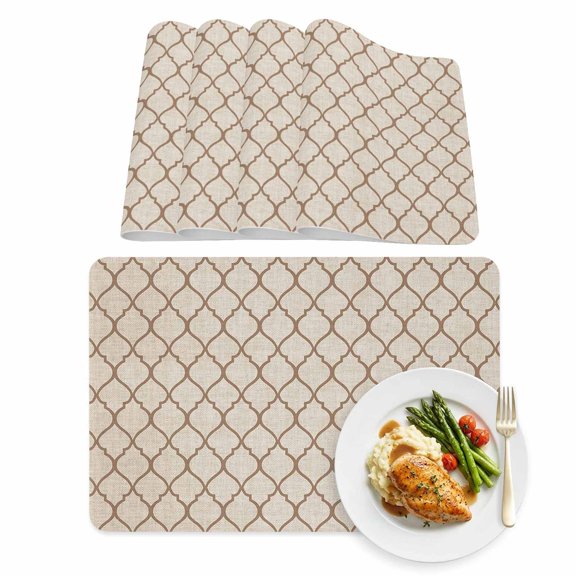 Rustic Moroccan Leather Placemats Set of 4, 12x18 Inch, Geometric Quatrefoil Khaki Lattice Waterproof Oil-Proof Place Mats, Non-Slip Table Mats for Kitchen, Dining Room, Indoor Outdoor