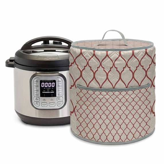 Rustic Moroccan Pressure Cooker Cover Geometric Quatrefoil Red Lattice Dust Cover for Kitchen Appliances with Top Handle & Storage Pockets, Fits 6 Quart Instant Pot, Air Fryer, Crock Pot