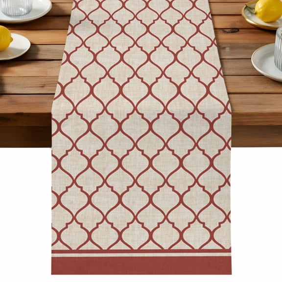 Rustic Moroccan Table Runner, Geometric Quatrefoil Red Lattice Cotton Linen Table Cloth, Tablerunner for Kitchen Dining Party Wedding Home Decor 13x36 Inch
