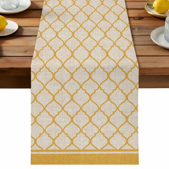 Rustic Moroccan Table Runner, Geometric Quatrefoil Yellow Lattice Cotton Linen Table Cloth, Tablerunner for Kitchen Dining Party Wedding Home Decor 13x36 Inch